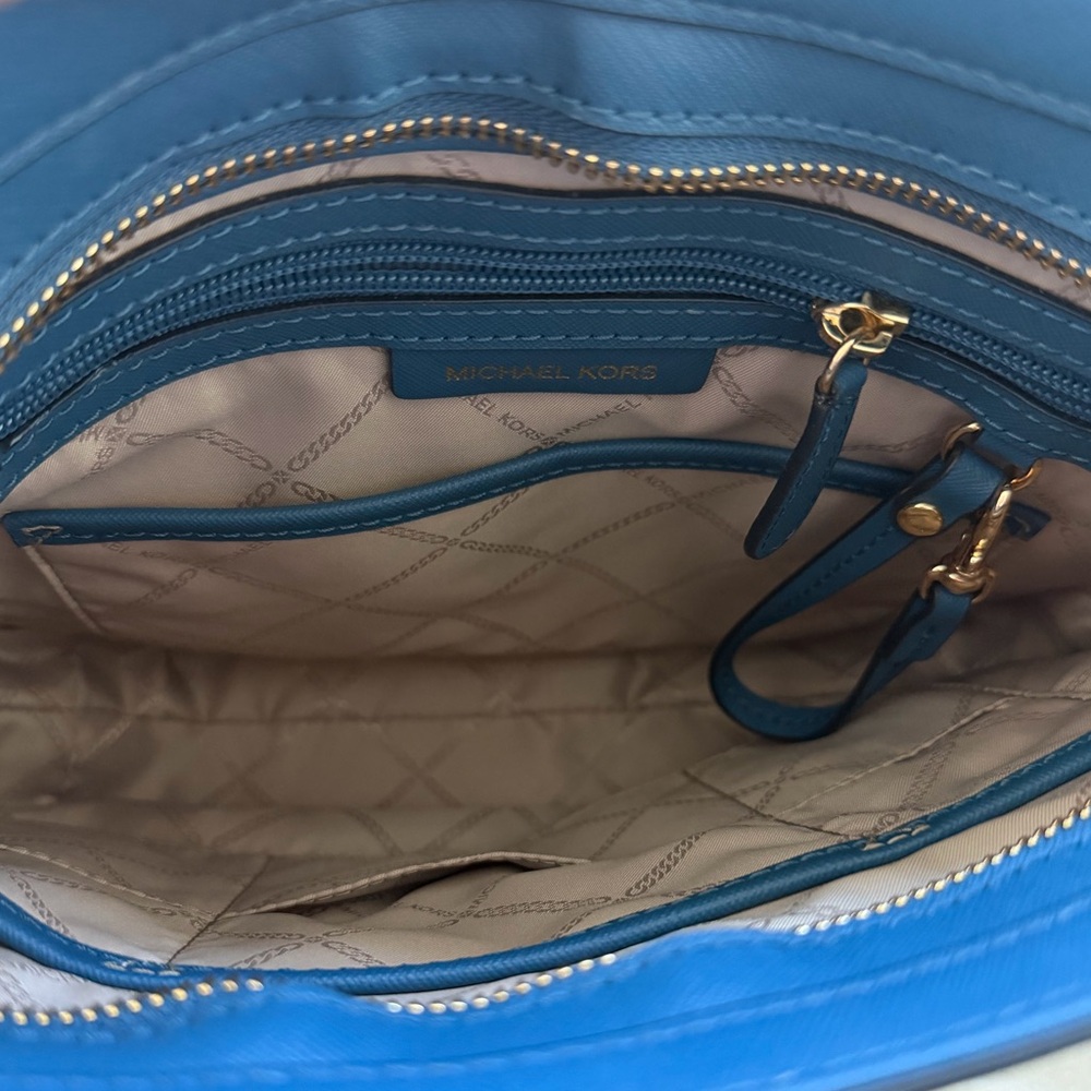 Michael Kors Blue Saffiano Leather Shoulder Bag with Scarf Accent - Picture 4 of 6